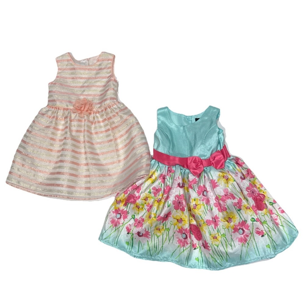 2 Toddler 2T Party Dresses, Zunie Green Floral & Wonder Nation Pink Gold Striped